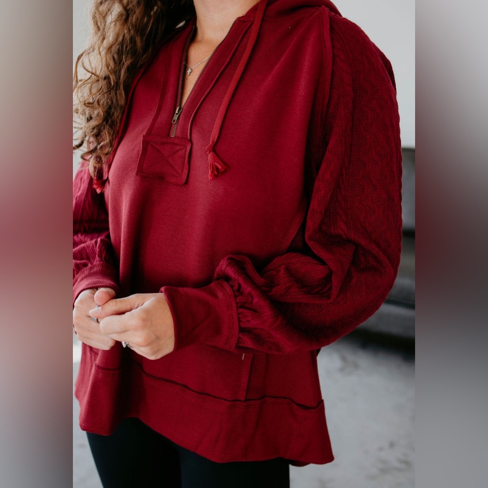BIBI Maroon Wine Red Cable Knit Sleeve Hooded Pullover Half Zip‎ Sweatshirt M